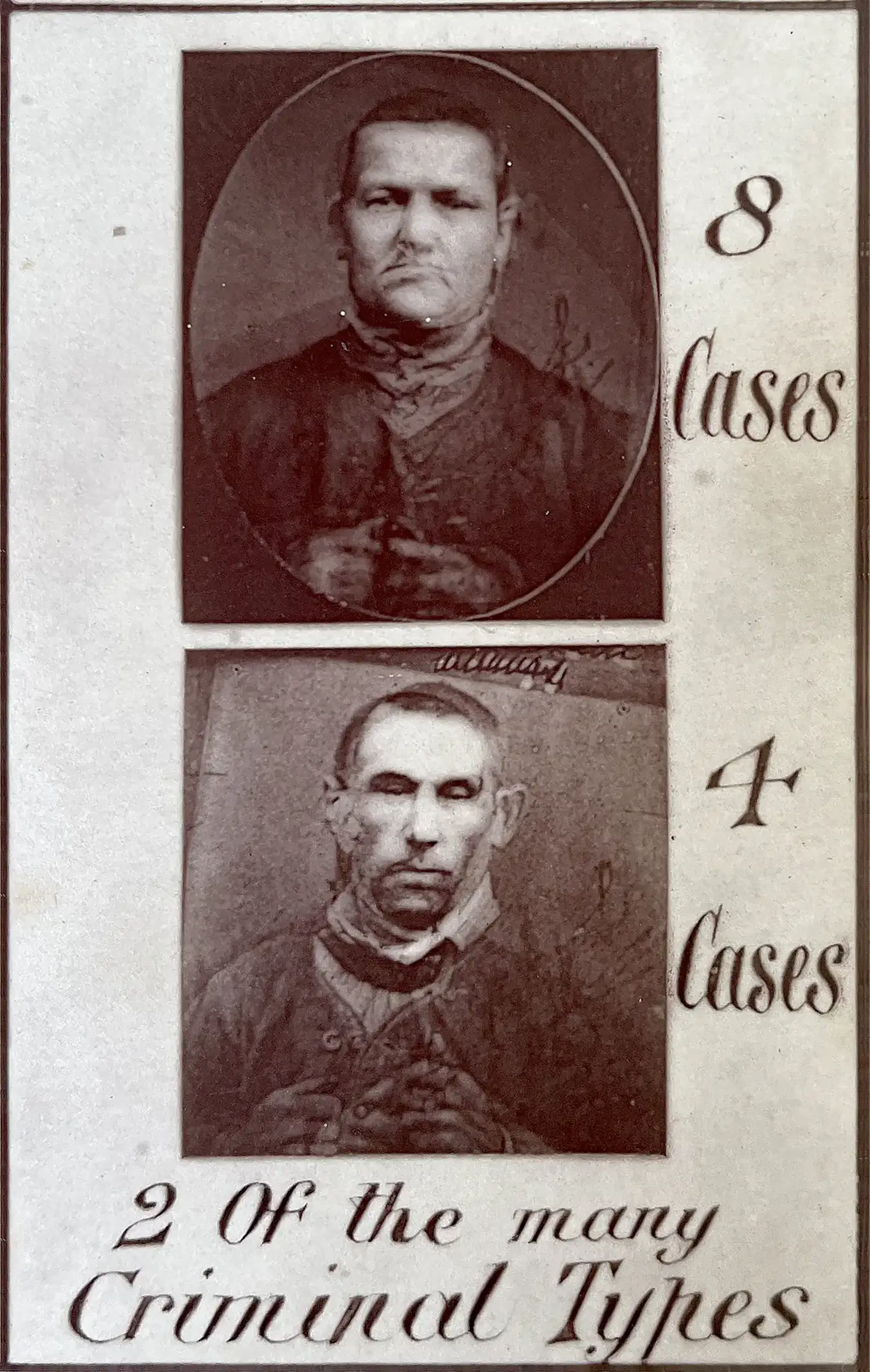 Composite portraits by Galton. There are two blurred portraits, one labeled “8 Cases” and the other “4 Cases.” The portraits show men with cropped hair, with the upper torso blurry, suggesting multiple overlapping photos. The image is subtitled “2 Of the many Criminal Types.”